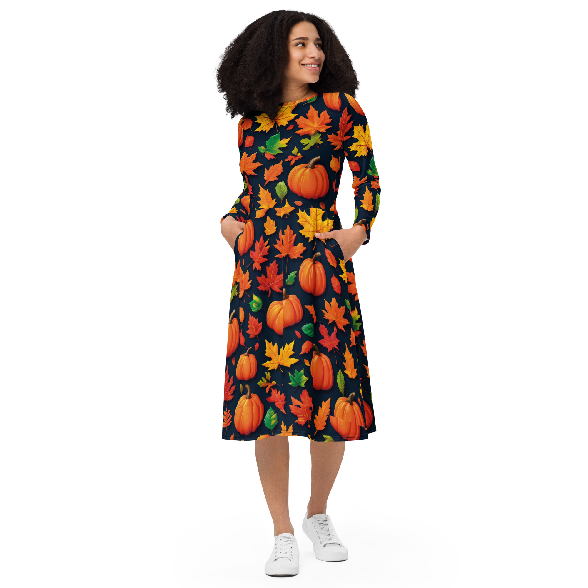 All-over print long sleeve midi dress – AUTUMN