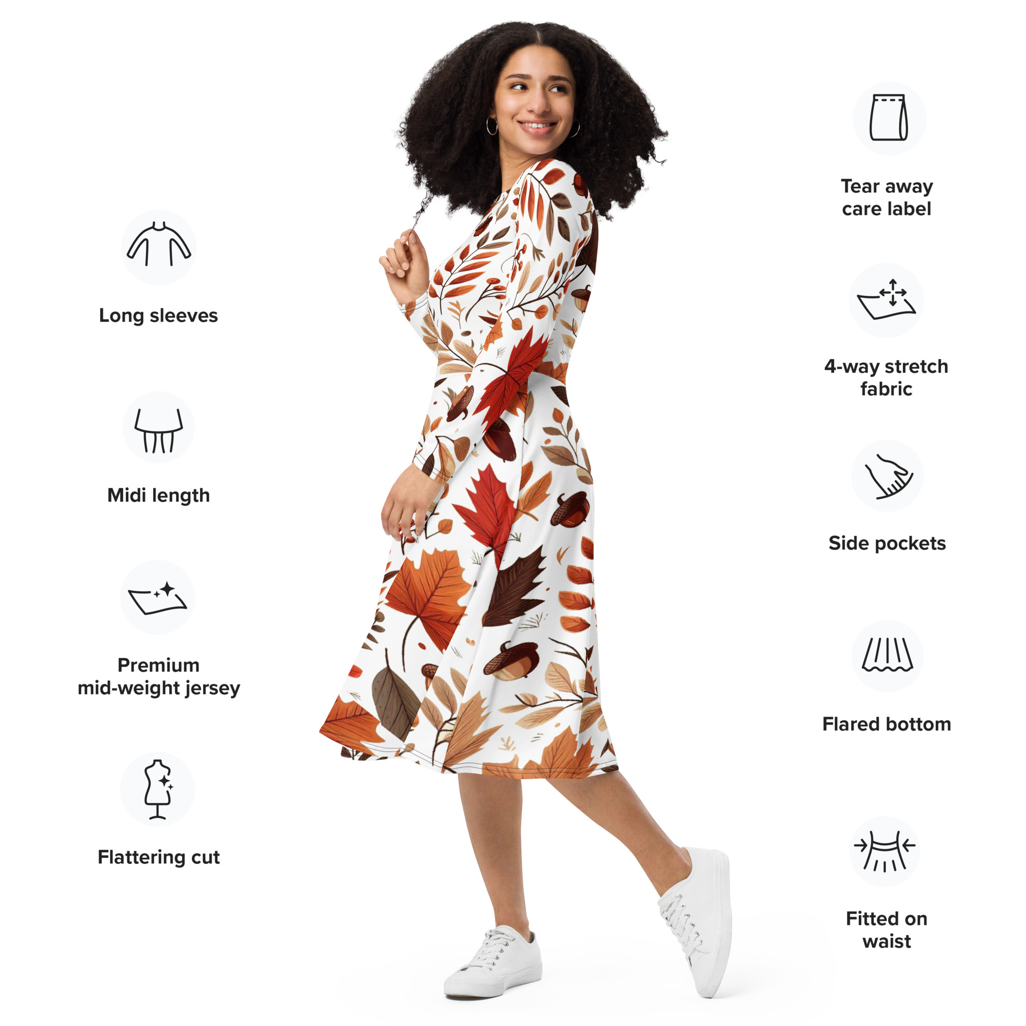 All-over print long sleeve midi dress – AUTUMN WHITE